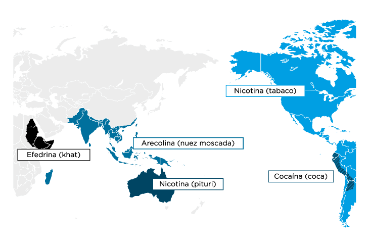 Ejemplos de localización de uso de algunas sustancias psicoactivas en el mundo pre-colonial. 