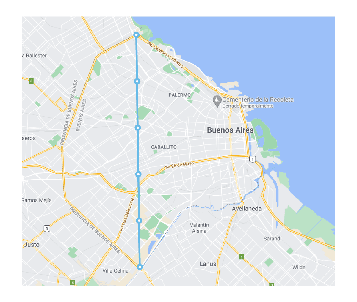 Mapa de la ciudad de Buenos Aires que muestra una ruta marcada en línea azul, extendiéndose de norte a sur, pasando por áreas como Palermo, Caballito y Villa Celina, con puntos de referencia en varios tramos del camino.