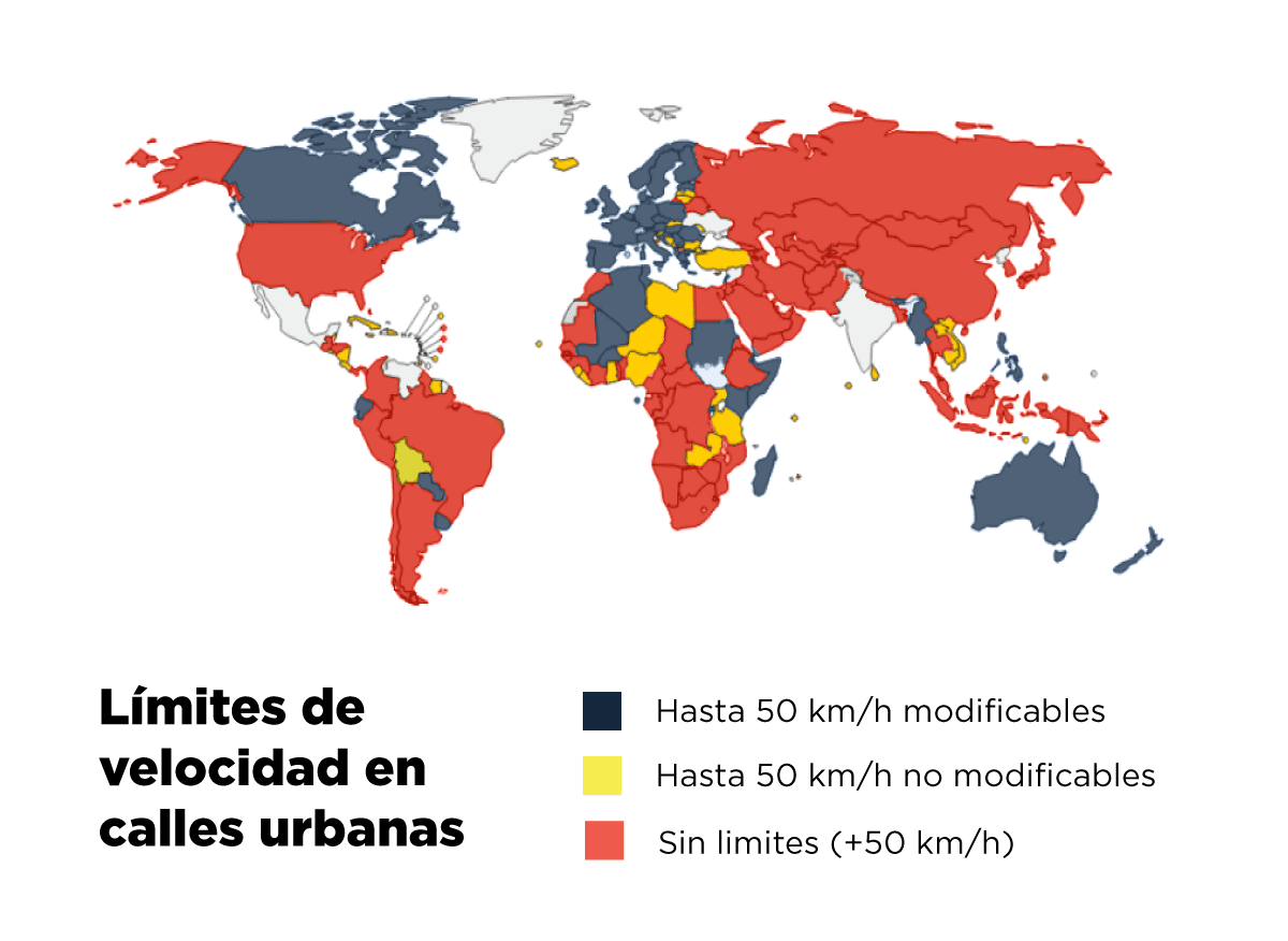 Mapa mundial que muestra los límites de velocidad en calles urbanas según tres categorías: hasta 50 km/h con posibilidad de modificación, hasta 50 km/h sin posibilidad de modificación, y sin límites o superiores a 50 km/h.