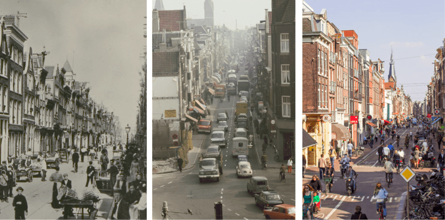 Tres fotografías comparativas de una calle en diferentes épocas: en la primera imagen, la calle está dominada por peatones y bicicletas en una época antigua; en la segunda, se observa una gran congestión de automóviles en la mitad del siglo XX; y en la tercera, la calle muestra un entorno moderno con una mayor presencia de bicicletas y peatones.