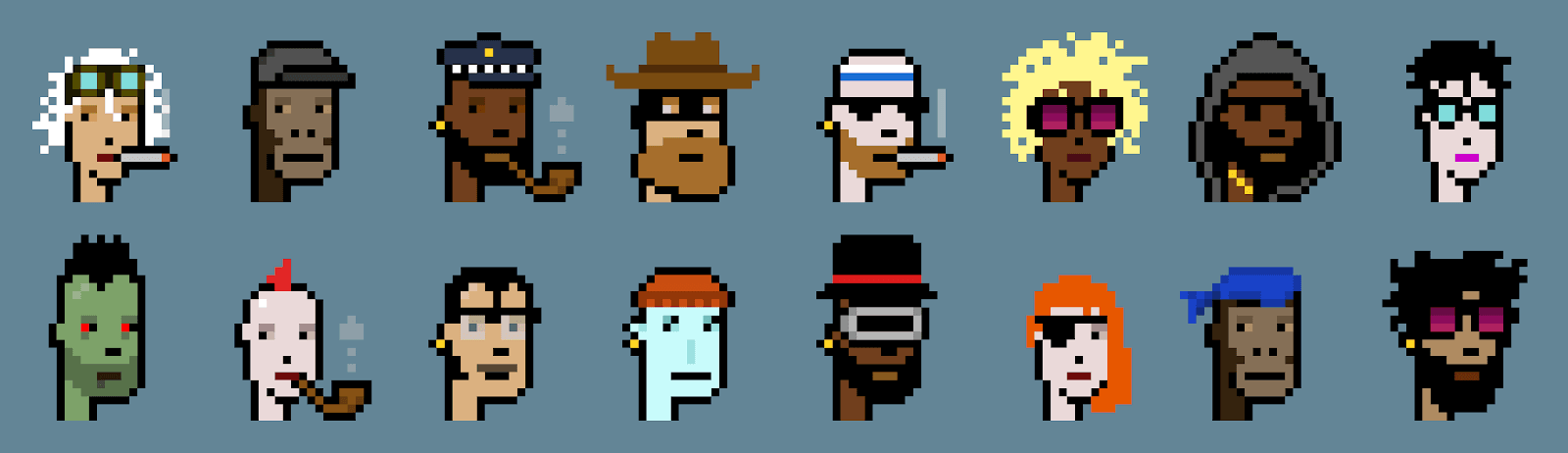 Colección de imágenes estilo píxel que representan varios personajes conocidos como 'CryptoPunks'. Cada personaje tiene características únicas, como peinados, accesorios, y expresiones. Algunos llevan gafas, sombreros, o pipas, mientras que otros tienen rasgos distintivos como piel de diferentes colores o estilos de ropa. Los personajes están dispuestos en una cuadrícula sobre un fondo azul claro, mostrando una diversidad de estilos en el mismo formato de arte digital.