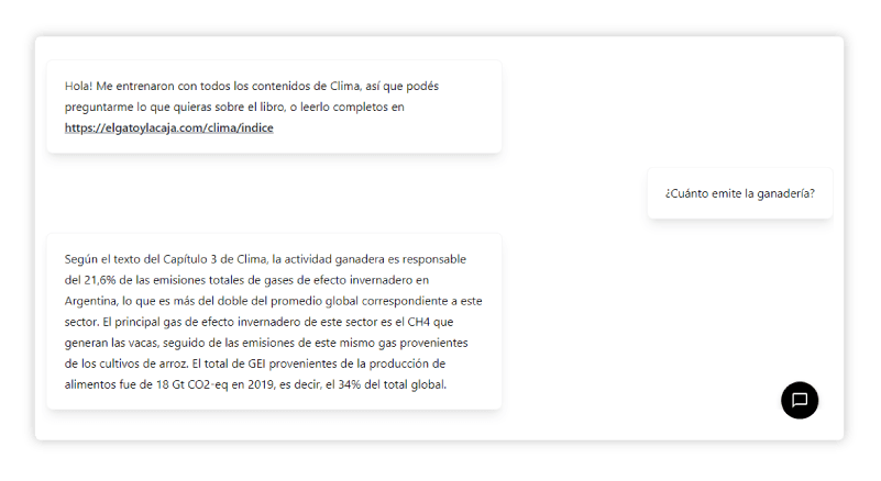 Captura de una conversación sobre el impacto de la ganadería en el cambio climático. Un mensaje informa que la ganadería es responsable del 21.6% de las emisiones de gases de efecto invernadero en Argentina, destacando el metano (CH4) generado por las vacas. Se menciona que el 34% de las emisiones globales provienen de la producción de alimentos.