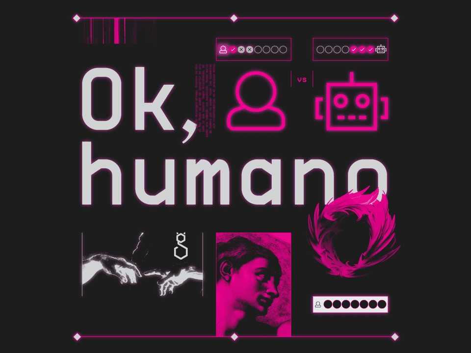 La imagen presenta un estilo ciberpunk en rosa y negro, con el texto &quot;Ok, humano&quot; yuxtapuesto a íconos de una persona y un robot, sugiriendo un tema de interacción humano-máquina. Arriba hay íconos que simulan una interfaz, y abajo, la &quot;Creación de Adán&quot; junto a una figura que parece un ave fénix o flor en rosa, todo dentro de una estética futurista.